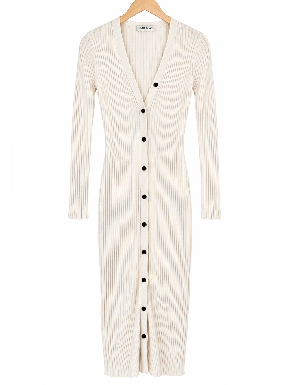 Anna Quan Cream Ribbed Button-Front Long-Sleeve Midi Dress